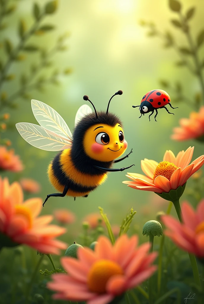 Once Upon a time, in a garden full of flowers of all colors, A little bee called Lulu. Lulu was very curious and loved to fly from flower to flower.. One day, He decided that he wanted to see every corner of the garden..

First, Lulú voló hasta una flor amarilla y encontró a una ladybug que estaba tomando el sol. "Hello, ladybug! What are you doing here??" Lulu asked. La ladybug respondió: "I&#39;m enjoying the sun. How beautiful the garden is today!"