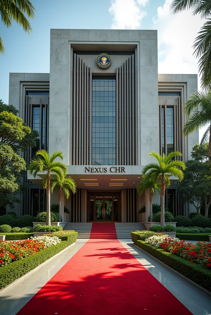 A luxurious, presidential standard company headquarters with the name NEXUS(CHRO) on it and red carpet on entrance with Singaporean architecture,grass, flowers and on it's own space and compound where is the name NEXUS (CHRO)