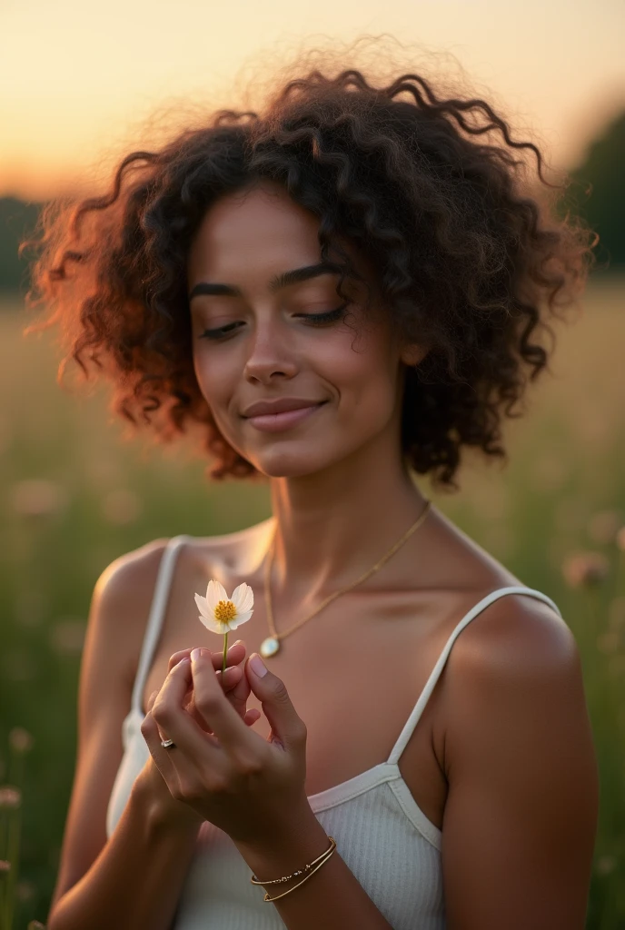 Portrait of a young woman sitting in a serene outdoor setting at sunset – The woman has natural curly hair and is smiling softly. She is holding a single flower petal gently in her hand, close to her chest, as she gazes thoughtfully into the distance. She wears a simple sleeveless top and light jewelry. The background is blurred, with warm, soft light creating a peaceful and intimate atmosphere, focusing on her connection with the small petal she holds.