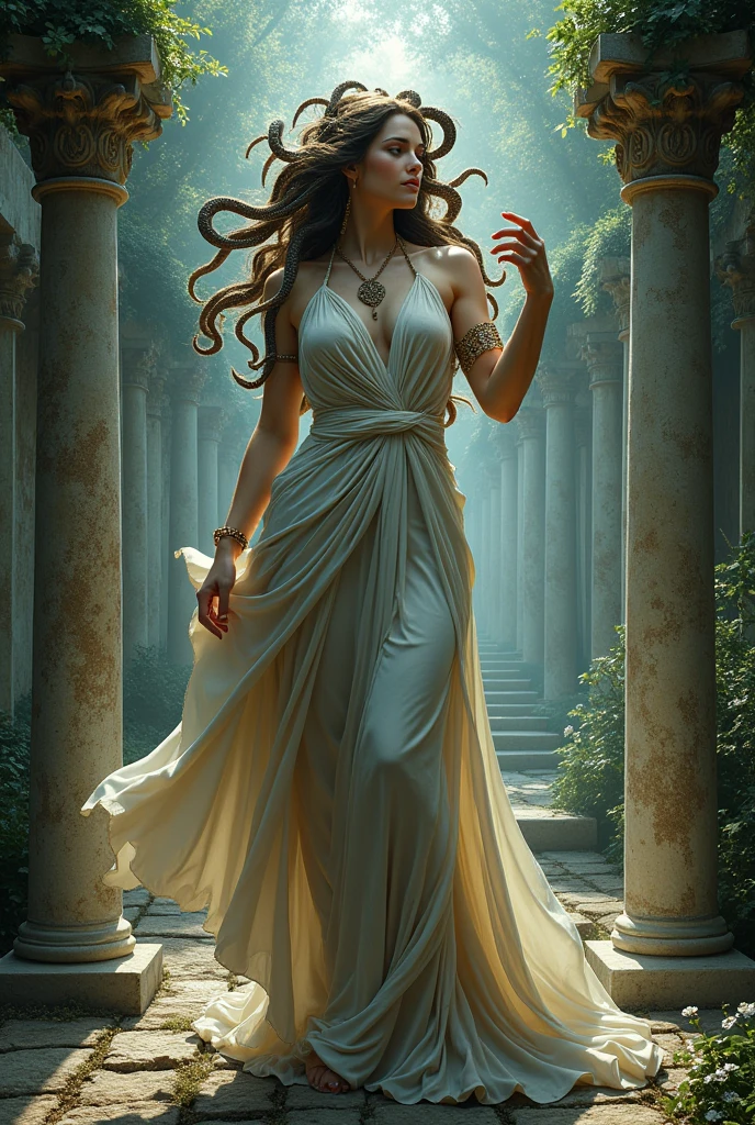 Create an image for a magazine cover titled Once Upon a Time in Greece that looks mystical and features several characters from Greco-Latin literature of Medusa without a title and Medusa in a statue