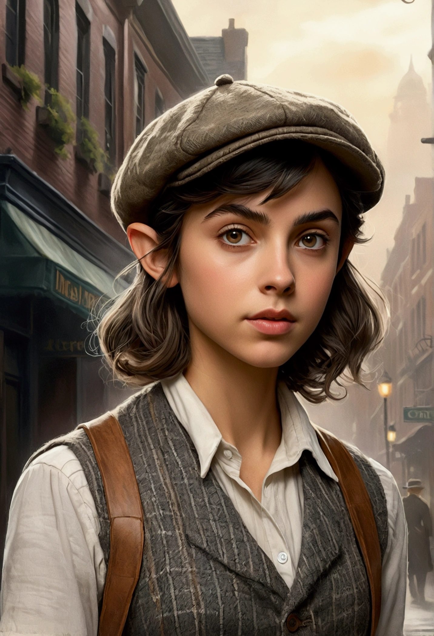An illustrated movie poster, hand-drawn, full color, a teenage elven girl, wearing a tweed vest and a newsie cap, athletic hourglass figure, long pointy elf ears, dark hair, messy shaggy bob cut, deep sun-tanned skintone, resembles Ana De Armas, standing on a foggy victorian-era street corner, graphite shading, stencil marks, airbrushed acrylic paint, masterpiece, in the style of the Sherlock Holmes, elf ears