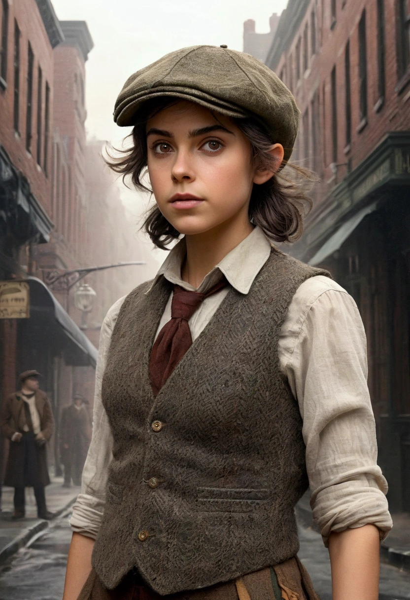 An illustrated movie poster, hand-drawn, full color, a teenage elven girl, wearing a tweed vest and a newsie cap, athletic hourglass figure, long pointy elf ears, dark hair, messy shaggy bob cut, deep sun-tanned skintone, resembles Ana De Armas, standing on a foggy victorian-era street corner, graphite shading, stencil marks, airbrushed acrylic paint, masterpiece, in the style of the Sherlock Holmes, elf ears