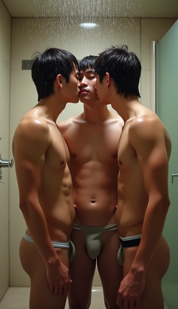 3 Asian naked young men rubbing , kissing and cuddling each other bodies in shower room, fucking from behind, soaking wet bodies, big crotch, bugling crotch, erotic