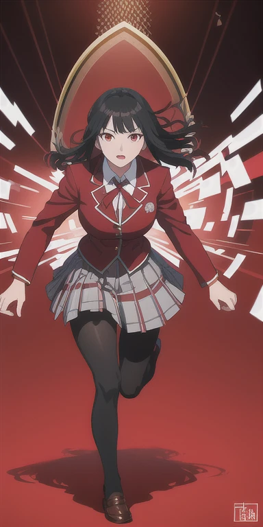 Yumeko Jabami from Kakegurui anime, red eyes, detailed school uniform with red coat, white shirt, gray plaid skirt, black tights and brown shoes, playing cards flying around, photorealistic, highly detailed, 8k, intricate, vibrant colors, dramatic lighting, dynamic composition