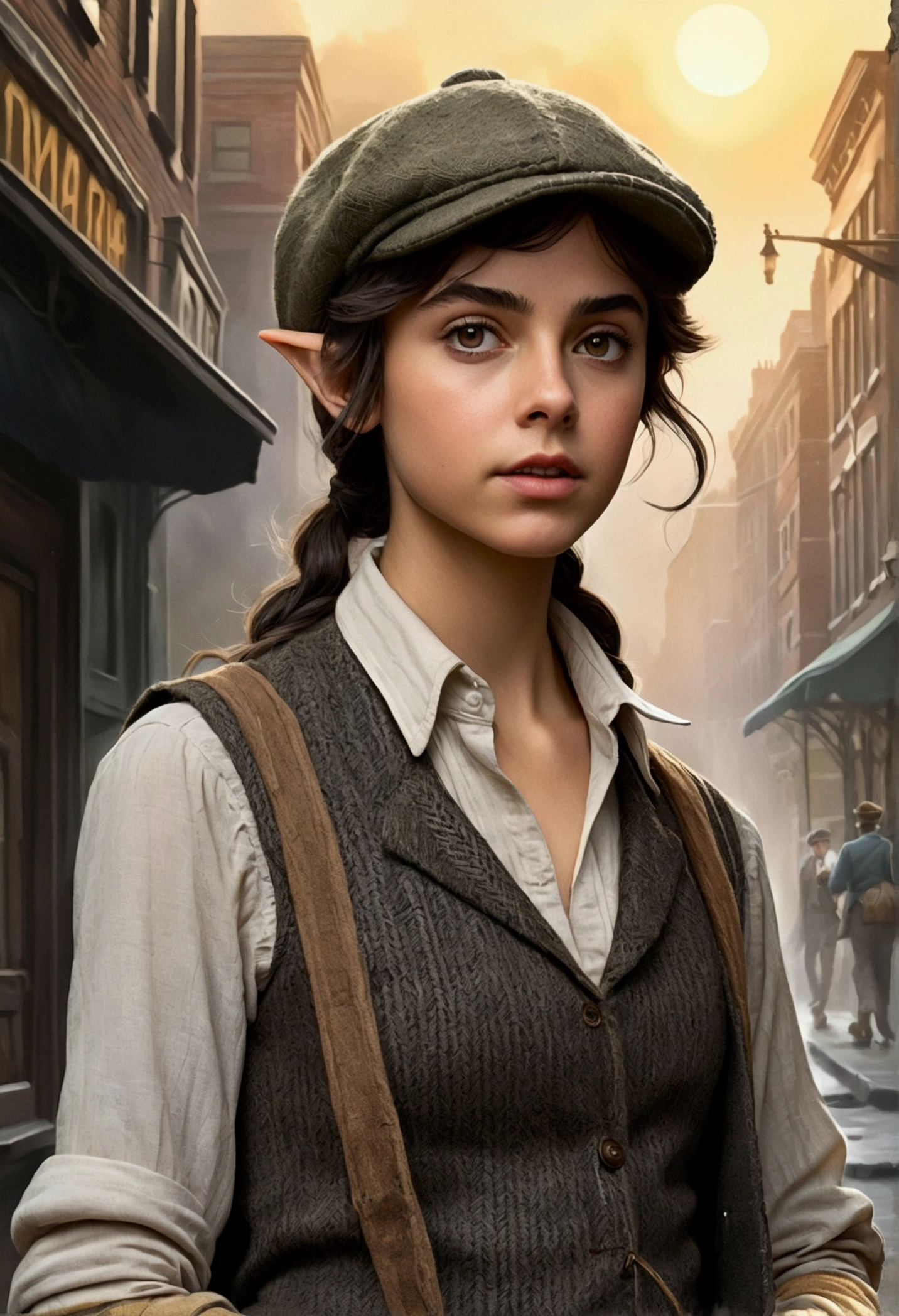 An illustrated movie poster, hand-drawn, full color, a teenage elven girl, wearing a tweed vest and a newsie cap, athletic hourglass figure, long pointy elf ears, dark hair, messy shaggy bob cut, deep sun-tanned skintone, resembles Ana De Armas, standing on a foggy victorian-era street corner, graphite shading, stencil marks, airbrushed acrylic paint, masterpiece, in the style of the Sherlock Holmes, elf ears