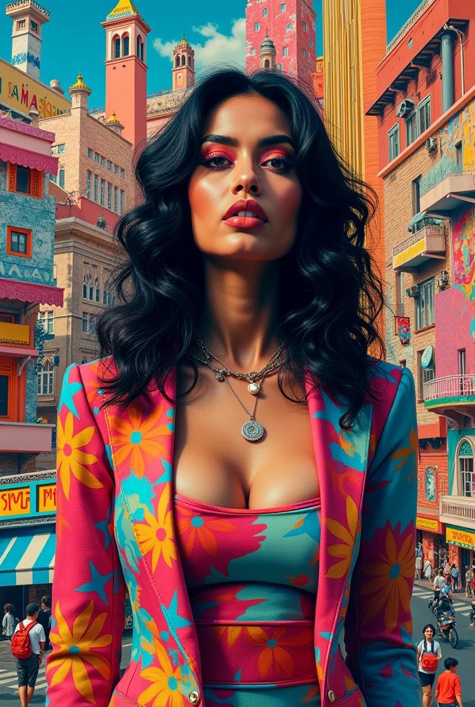 An image that is inspired by the art of Mr. Brainwash and that has the artist Karol G and that on the back has things from Medellin