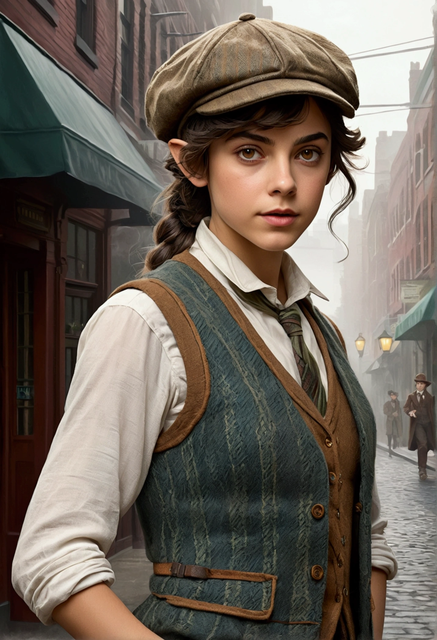 An illustrated movie poster, hand-drawn, full color, a age elven girl, wearing a tweed vest and a newsie cap, athletic hourglass figure, long pointy elf ears, dark hair, messy shaggy bob cut, deep sun-tanned skintone, resembles Ana De Armas, standing on a foggy victorian-era street corner, graphite shading, stencil marks, airbrushed acrylic paint, masterpiece, in the style of the Sherlock Holmes, elf ears
