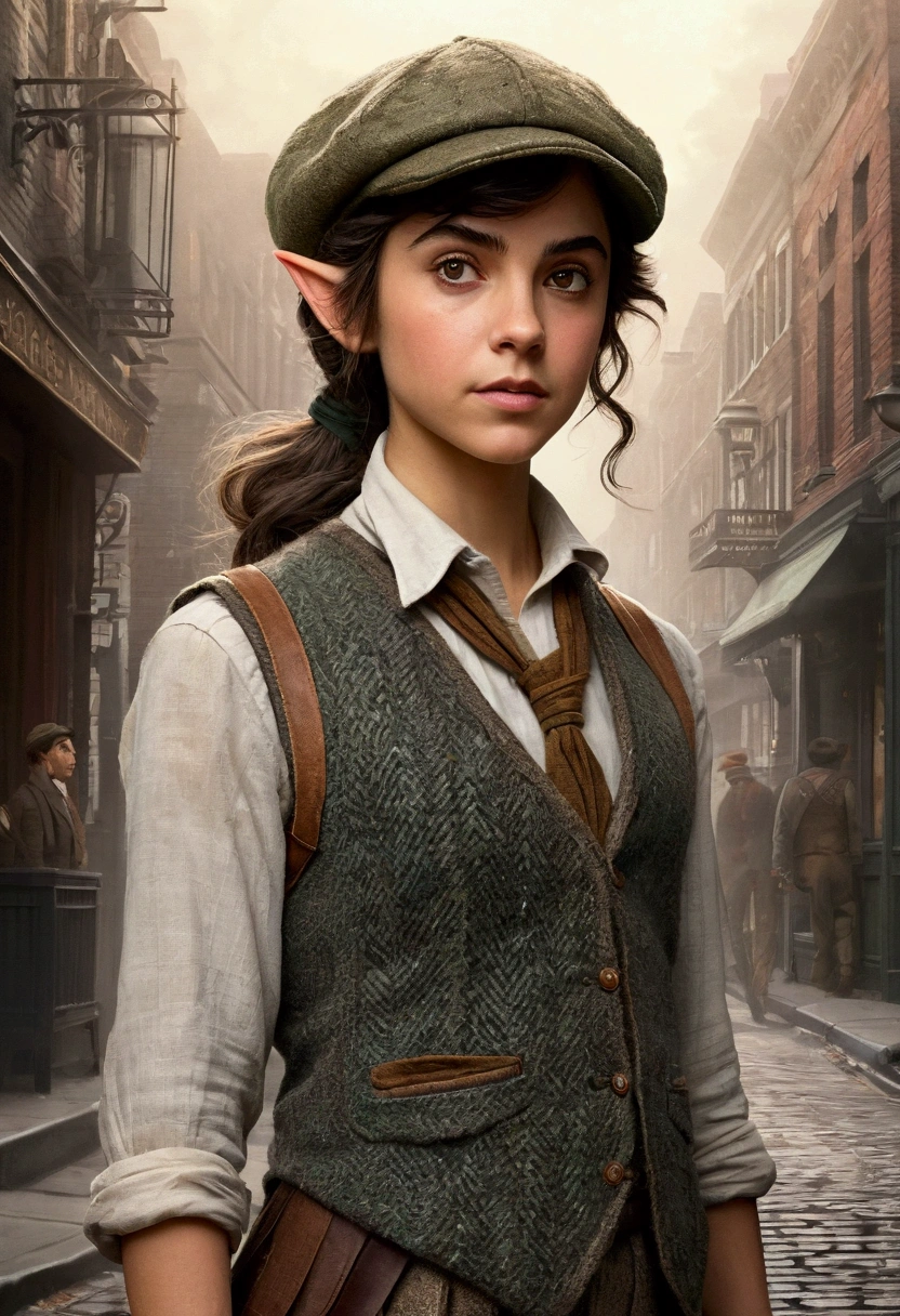 An illustrated movie poster, hand-drawn, full color, a age elven girl, wearing a tweed vest and a newsie cap, athletic hourglass figure, long pointy elf ears, dark hair, messy shaggy bob cut, deep sun-tanned skintone, resembles Ana De Armas, standing on a foggy victorian-era street corner, graphite shading, stencil marks, airbrushed acrylic paint, masterpiece, in the style of the Sherlock Holmes, elf ears