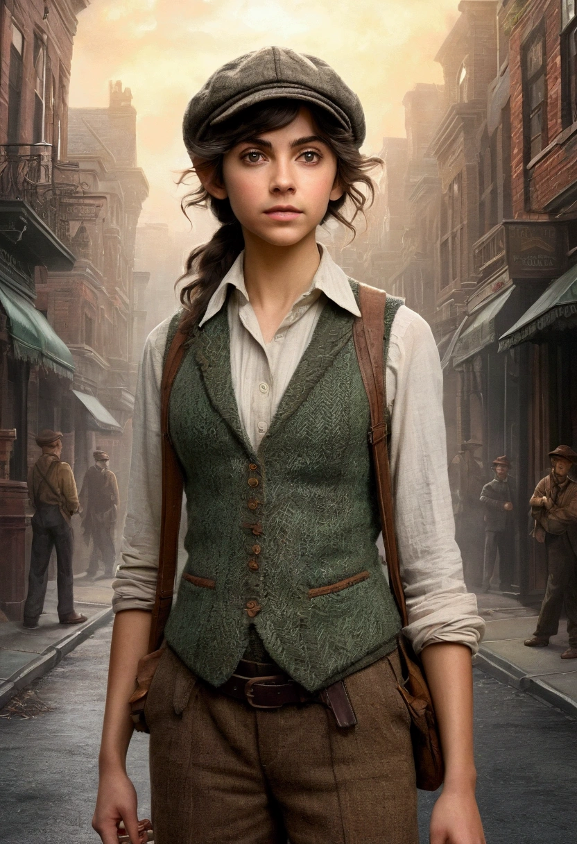 An illustrated movie poster, hand-drawn, full color, a teenage elven girl, wearing a tweed vest and a newsie cap, athletic hourglass figure, long pointy elf ears, dark hair, messy shaggy bob cut, deep sun-tanned skintone, resembles Ana De Armas, standing on a foggy victorian-era street corner, graphite shading, stencil marks, airbrushed acrylic paint, masterpiece, in the style of the Sherlock Holmes, elf ears