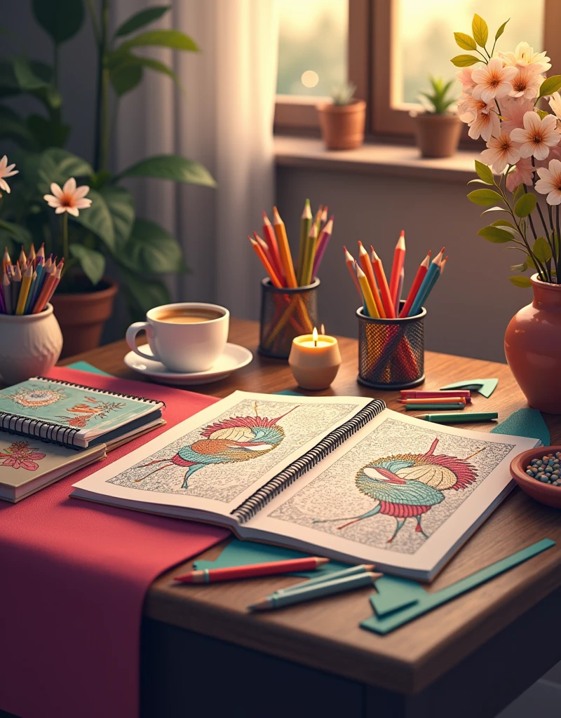 table full of colors and a couple of open coloring books in a relax ambient with a cofee cup