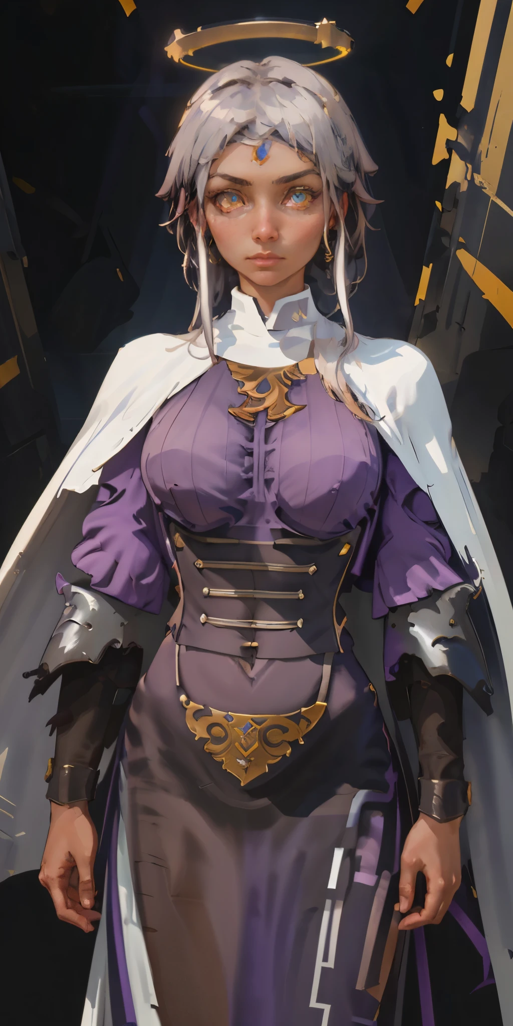 A powerful paladin lady with shimmering white silver hair and glowing yellow eyes stands tall in ornate golden armor. Her cape billows dramatically against a black background, and a halo of light surrounds her head. She gazes directly at the viewer, her fingers crossed confidently.