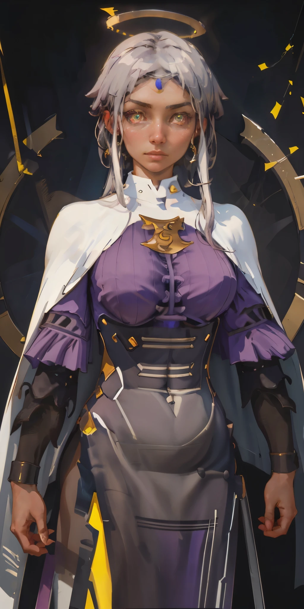 A powerful paladin lady with shimmering white silver hair and glowing yellow eyes stands tall in ornate golden armor. Her cape billows dramatically against a black background, and a halo of light surrounds her head. She gazes directly at the viewer, her fingers crossed confidently.