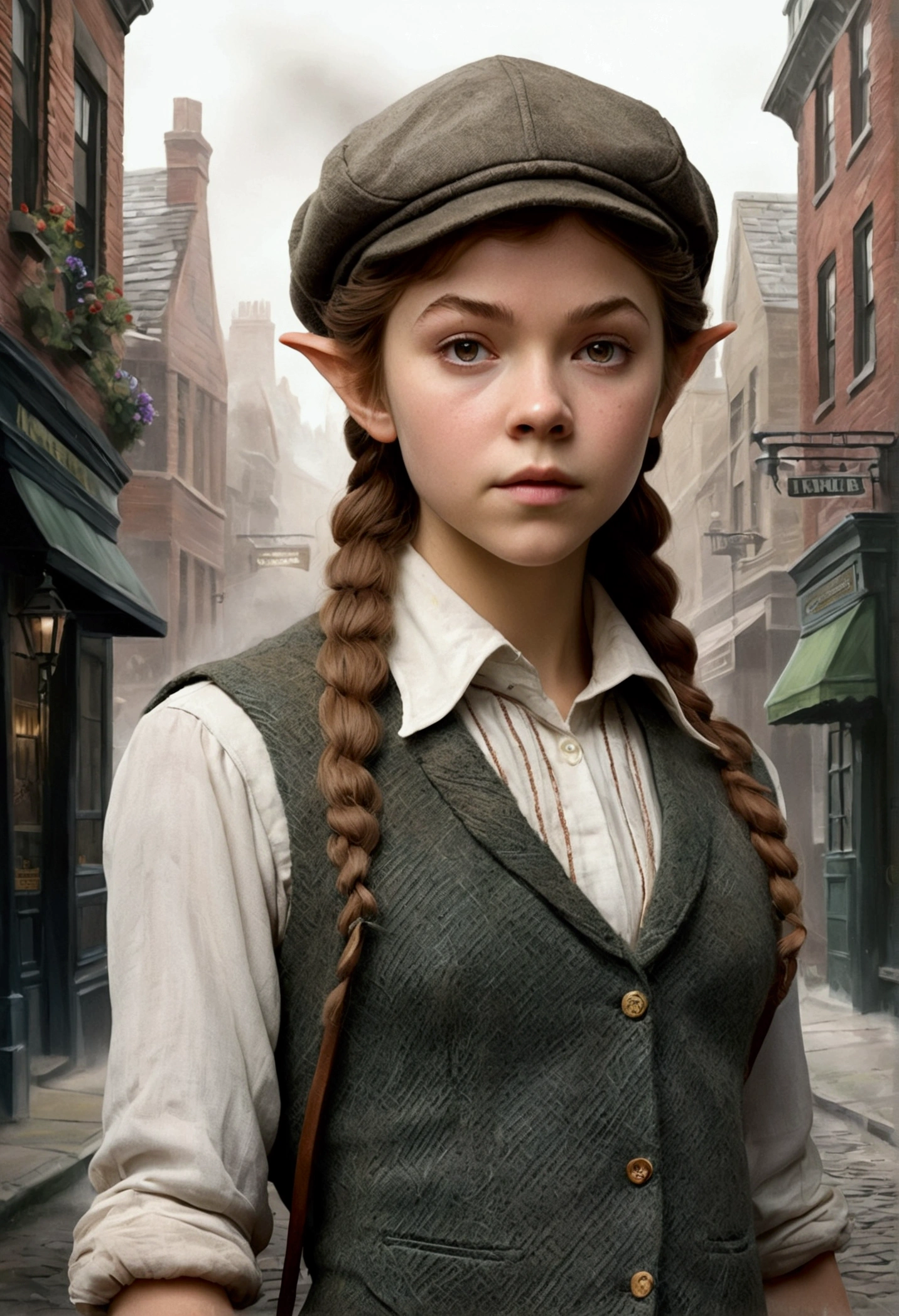 An illustrated movie poster, hand-drawn, full color, a teenage elven girl, wearing a tweed vest and a newsie cap, athletic hourglass figure, long pointy elf ears, dark hair, messy shaggy bob cut, rosy skin, freckles, resembles Margaery Tyrell, standing on a foggy victorian-era street corner, graphite shading, stencil marks, airbrushed acrylic paint, masterpiece, in the style of the Sherlock Holmes, elf ears
