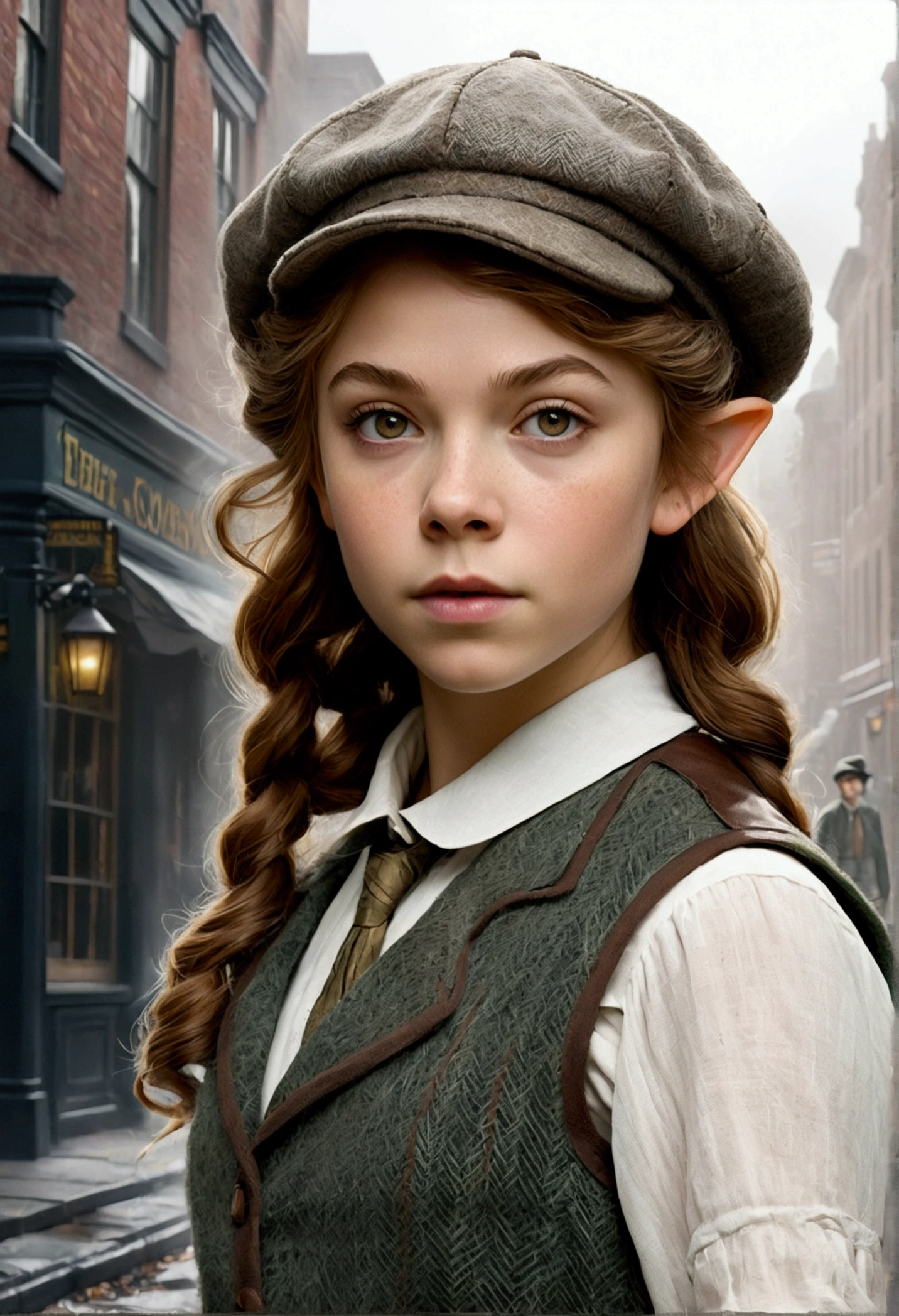 An illustrated movie poster, hand-drawn, full color, a teenage elven girl, wearing a tweed vest and a newsie cap, athletic hourglass figure, long pointy elf ears, dark hair, messy shaggy bob cut, rosy skin, freckles, resembles Margaery Tyrell, standing on a foggy victorian-era street corner, graphite shading, stencil marks, airbrushed acrylic paint, masterpiece, in the style of the Sherlock Holmes, elf ears