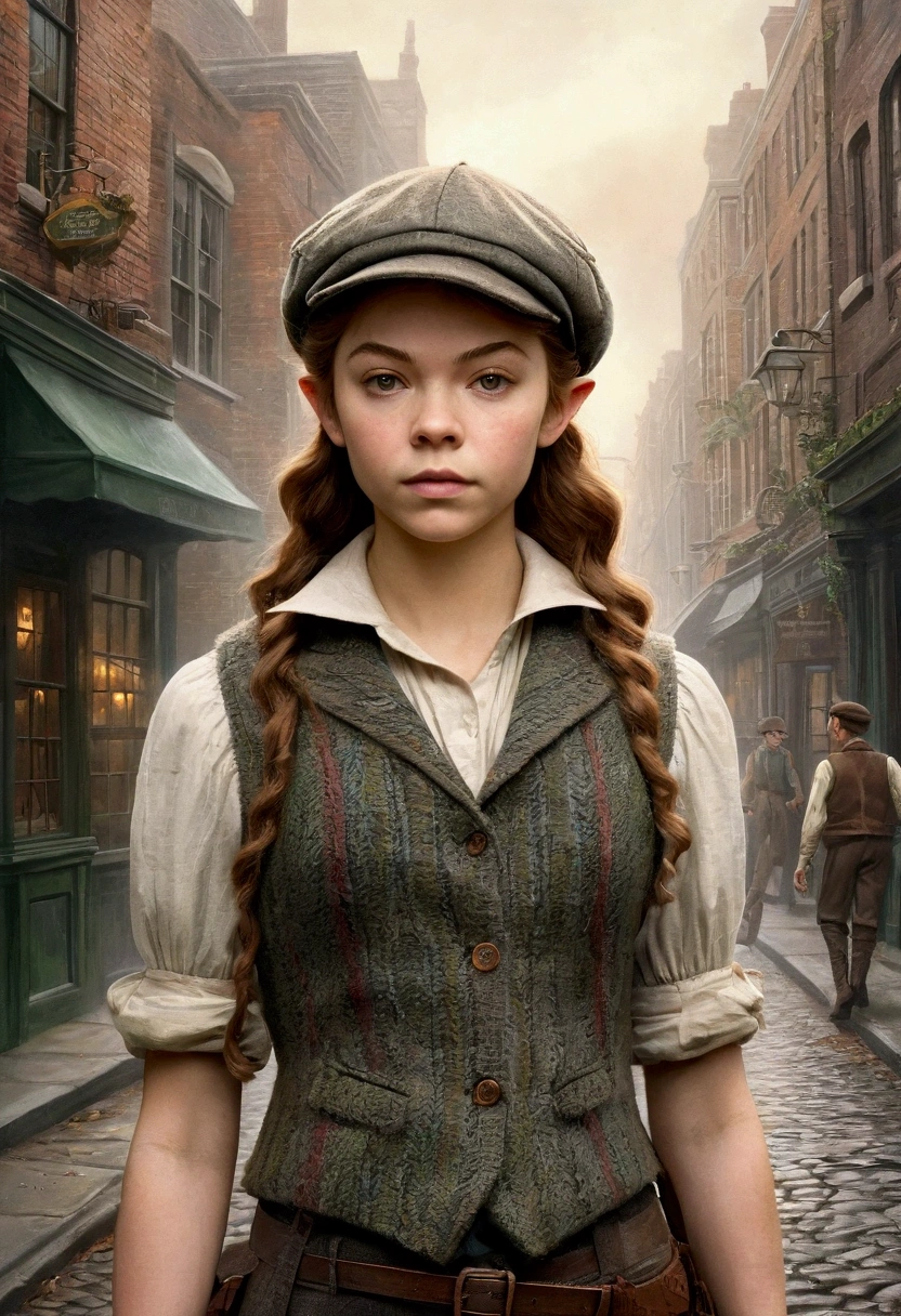 An illustrated movie poster, hand-drawn, full color, a teenage elven girl, wearing a tweed vest and a newsie cap, athletic hourglass figure, long pointy elf ears, dark hair, messy shaggy bob cut, rosy skin, freckles, resembles Margaery Tyrell, standing on a foggy victorian-era street corner, graphite shading, stencil marks, airbrushed acrylic paint, masterpiece, in the style of the Sherlock Holmes, elf ears