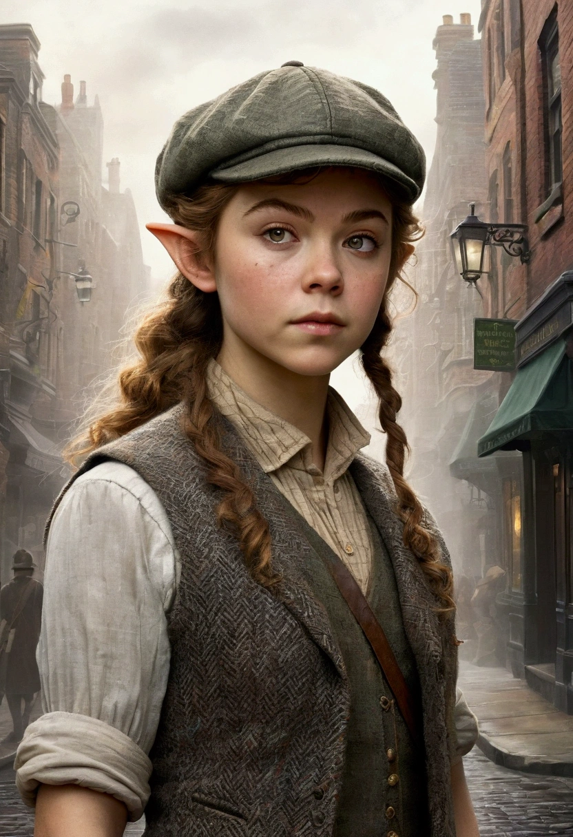 An illustrated movie poster, hand-drawn, full color, a age elven girl, wearing a tweed vest and a newsie cap, athletic hourglass figure, long pointy elf ears, dark hair, messy shaggy bob cut, rosy skin, freckles, resembles Margaery Tyrell, standing on a foggy victorian-era street corner, graphite shading, stencil marks, airbrushed acrylic paint, masterpiece, in the style of the Sherlock Holmes, elf ears