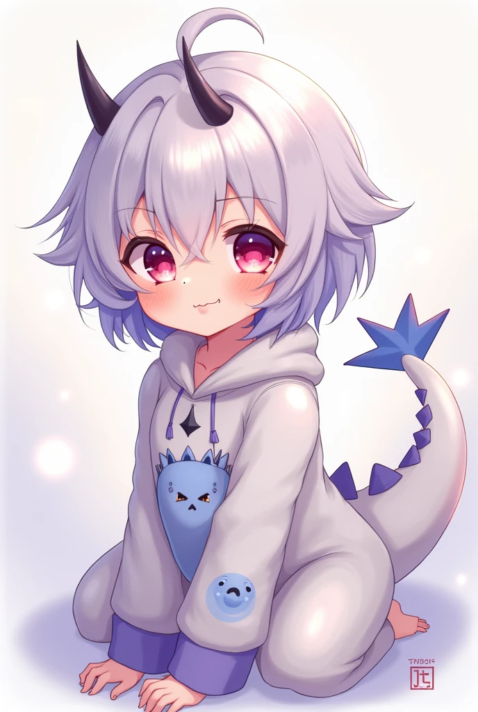  anime, with dinosaur pajamas, white and light blue hair and light purple tips, red eyes, two small black horns ,small fangs and fluffy dragon tail 


