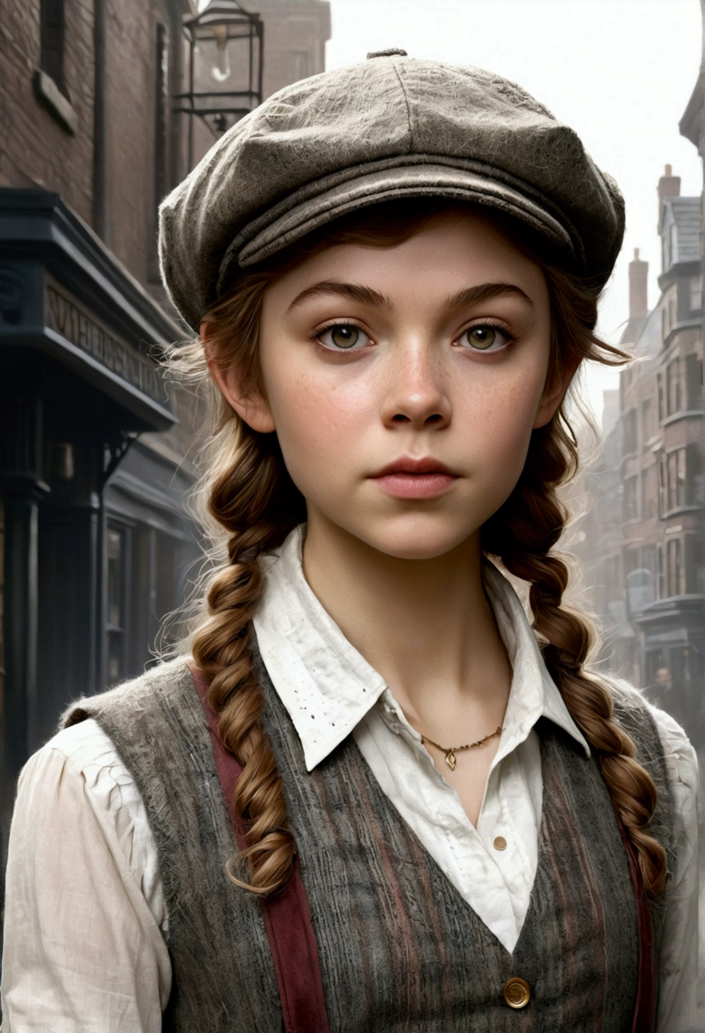 An illustrated movie poster, hand-drawn, full color, a teenage elven girl, wearing a tweed vest and a newsie cap, athletic hourglass figure, long pointy elf ears, dark hair, messy shaggy bob cut, rosy skin, freckles, resembles Margaery Tyrell, standing on a foggy victorian-era street corner, graphite shading, stencil marks, airbrushed acrylic paint, masterpiece, in the style of the Sherlock Holmes, elf ears