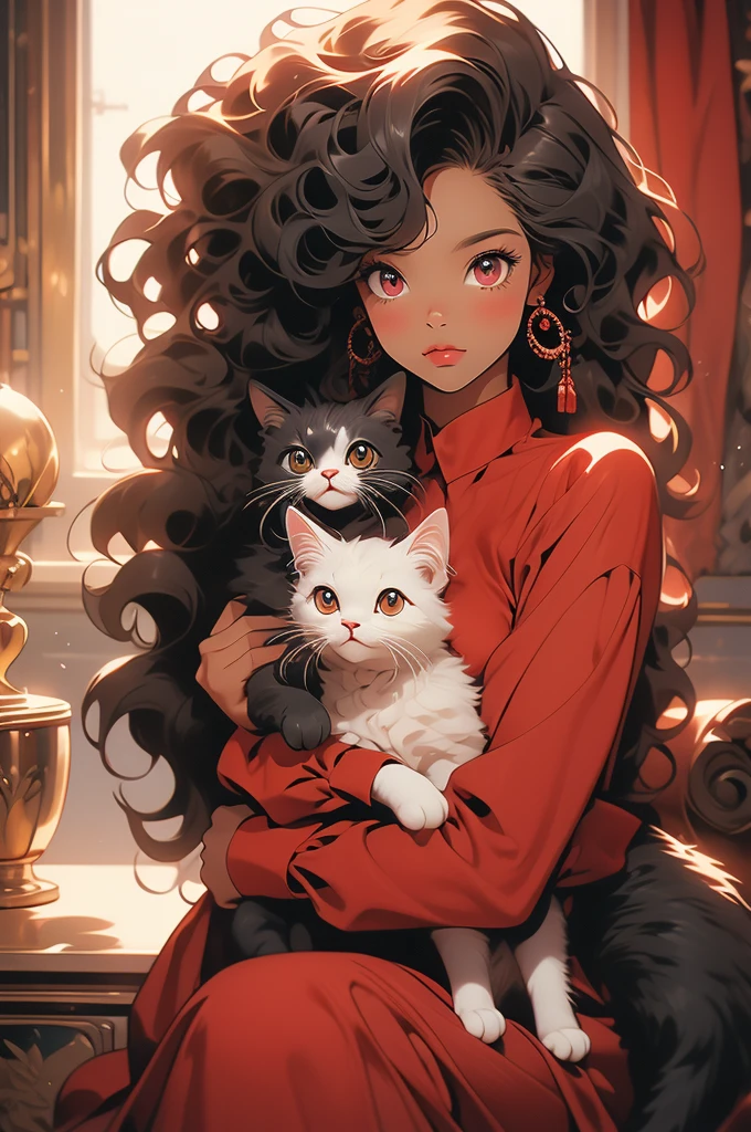 A young black-skinned woman with curly hair with eyes in a red outfit holding a cat in her arms