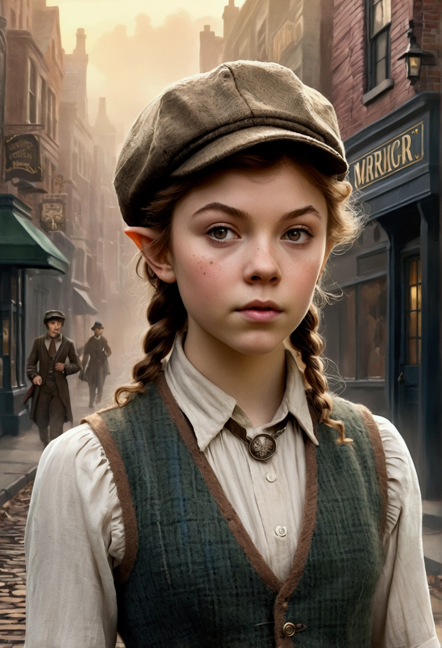 An illustrated movie poster, hand-drawn, full color, a teenage elven girl, wearing a tweed vest and a newsie cap, athletic hourglass figure, long pointy elf ears, dark hair, messy shaggy bob cut, rosy skin, freckles, resembles Margaery Tyrell, standing on a foggy victorian-era street corner, graphite shading, stencil marks, airbrushed acrylic paint, masterpiece, in the style of the Sherlock Holmes, elf ears