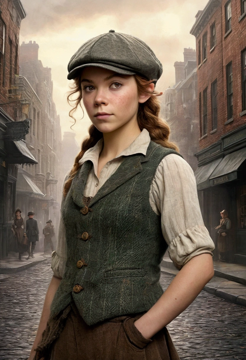 An illustrated movie poster, hand-drawn, full color, a teenage elven girl, wearing a tweed vest and a newsie cap, athletic hourglass figure, long pointy elf ears, dark hair, messy shaggy bob cut, rosy skin, freckles, resembles Margaery Tyrell, standing on a foggy victorian-era street corner, graphite shading, stencil marks, airbrushed acrylic paint, masterpiece, in the style of the Sherlock Holmes, elf ears