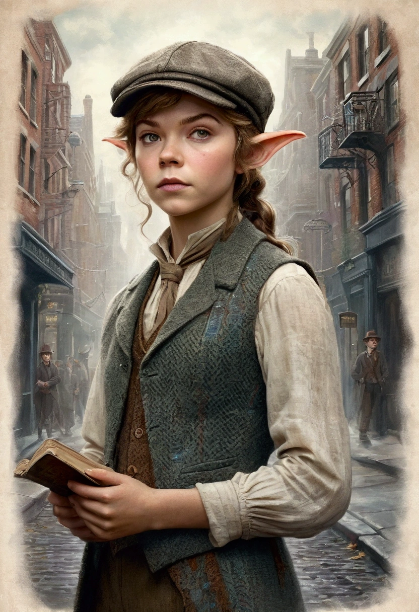 An illustrated movie poster, hand-drawn, full color, a teenage elven girl, wearing a tweed vest and a newsie cap, athletic hourglass figure, long pointy elf ears, dark hair, messy shaggy bob cut, rosy skin, freckles, resembles Margaery Tyrell, standing on a foggy victorian-era street corner, graphite shading, stencil marks, airbrushed acrylic paint, masterpiece, in the style of the Sherlock Holmes, elf ears