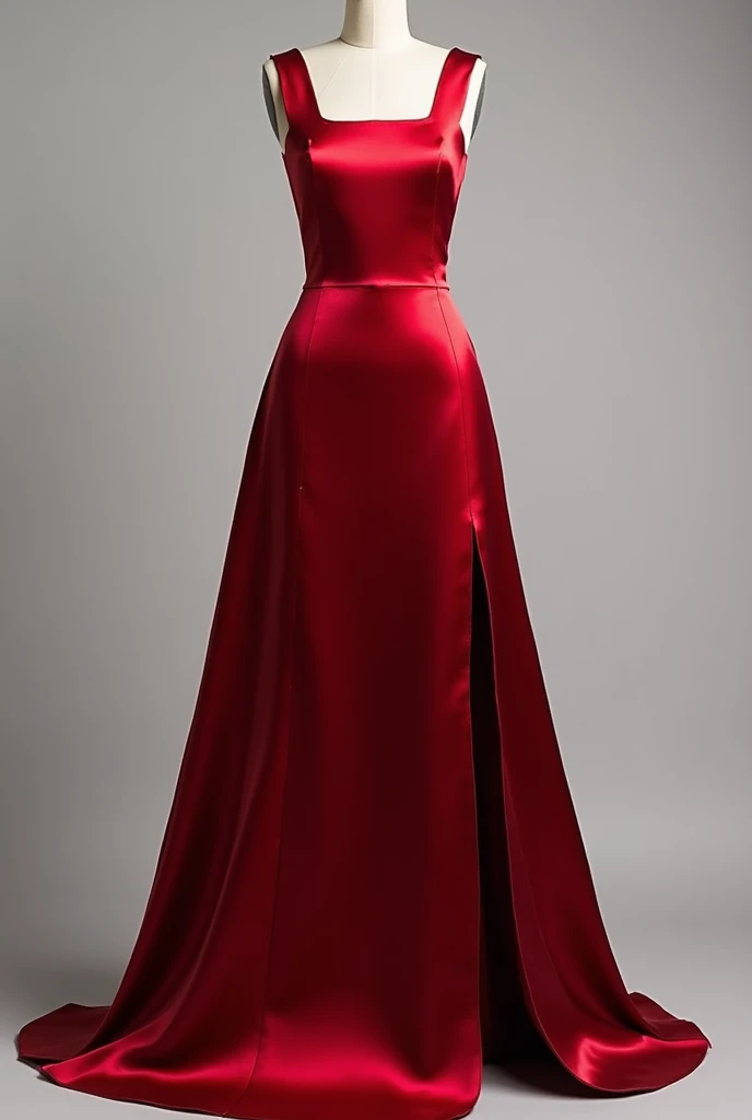 A burnt cherry red dress, of satin, long and fair, with a slit on the lower right side, slightly thick tank top straps and a rectangular neckline.