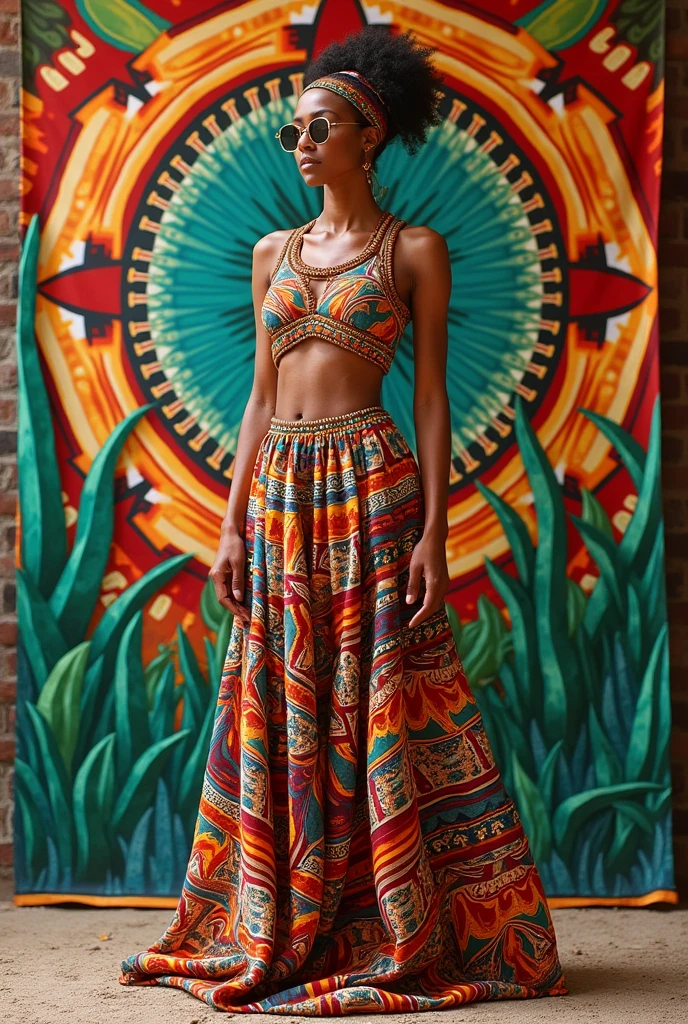 A fabric design can be a short skirt with a crop top or a dress inspired by the Guane culture with a headdress.