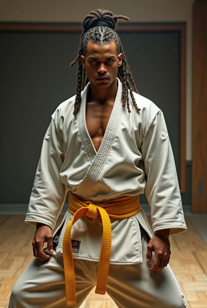 A male yellow belt karate fighter with box braid hair shaved on the side