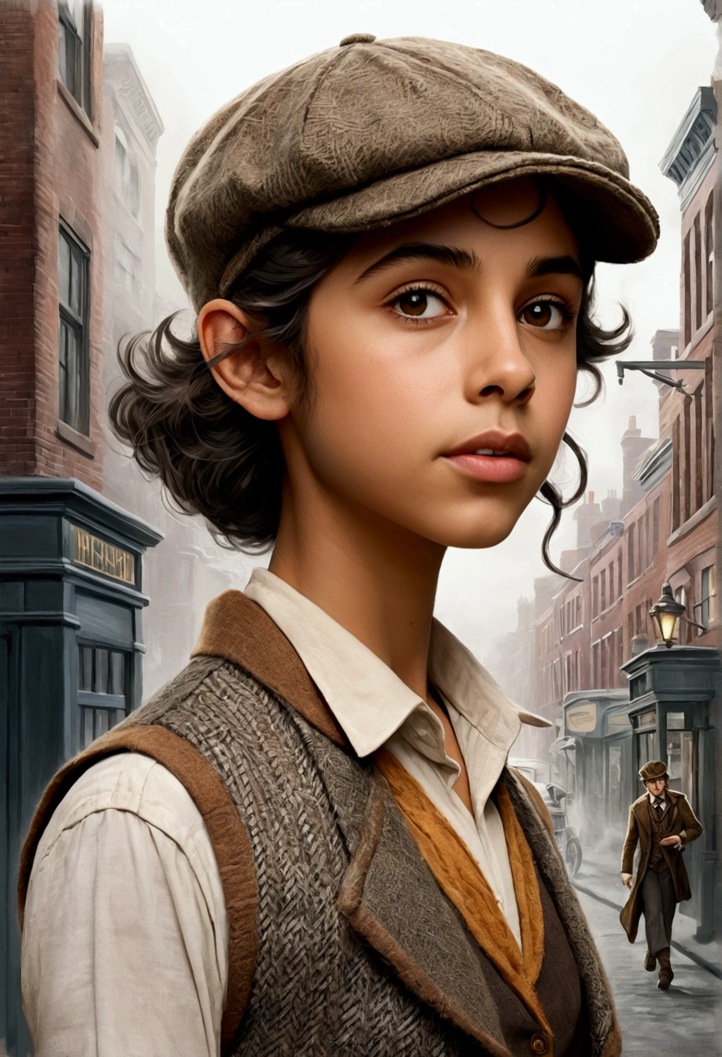 An illustrated movie poster, hand-drawn, full color, a teenage elven girl, wearing a tweed vest and a newsie cap, athletic hourglass figure, long pointy elf ears, dark hair, messy shaggy bob cut, deep sun-tanned skintone, resembles Naomi Scott, standing on a foggy victorian-era street corner, graphite shading, stencil marks, airbrushed acrylic paint, masterpiece, in the style of the Sherlock Holmes, elf ears