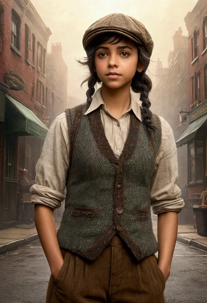An illustrated movie poster, hand-drawn, full color, a teenage elven girl, wearing a tweed vest and a newsie cap, athletic hourglass figure, long pointy elf ears, dark hair, messy shaggy bob cut, deep sun-tanned skintone, resembles Naomi Scott, standing on a foggy victorian-era street corner, graphite shading, stencil marks, airbrushed acrylic paint, masterpiece, in the style of the Sherlock Holmes, elf ears