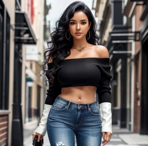 sexy woman, long curly black hair, off shoulder white sweater,leather jacket, jeans, Busty. Big hip. Voluptuos. Comic style