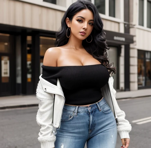 sexy woman, long curly black hair, off shoulder white sweater,leather jacket, jeans, Busty. Big hip. Voluptuos. Comic style