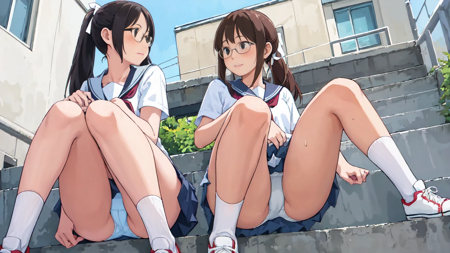 highest quality, Ultra-high resolution, (Realistic: )2D official style cel animation,((２Girls sitting in a row))、Brown、ponytail、White Big Ribbon、Glasses、Blue Check Mini Skirt,summer shirt,Unbutton、(Lace panties),loose socks,sneakers,Full body portrait,(From below),Station stairs,sunny,Spread your legs、from the front、blush、shut up、
