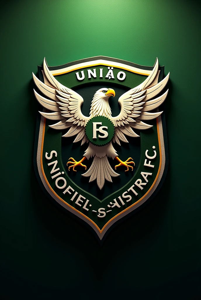 An image of a football team shield on it must have written in Portuguese around it União sinistra FC ,and the color of the shield is green, black, white and yellow around,and with an eagle