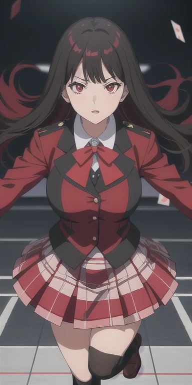 Yumeko Jabami from Kakegurui anime, red eyes, detailed school uniform with red coat, white shirt, gray plaid skirt, black tights and brown shoes, playing cards flying around, photorealistic, highly detailed, 8k, intricate, vibrant colors, dramatic lighting, dynamic composition