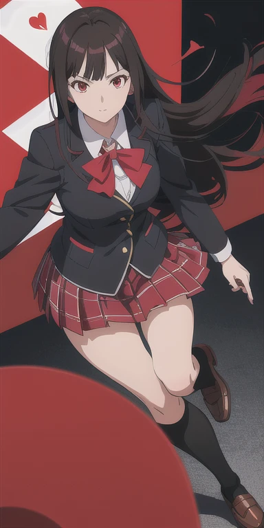 Yumeko Jabami from Kakegurui anime, red eyes, detailed school uniform with red coat, white shirt, gray plaid skirt, black tights and brown shoes, playing cards flying around, photorealistic, highly detailed, 8k, intricate, vibrant colors, dramatic lighting, dynamic composition