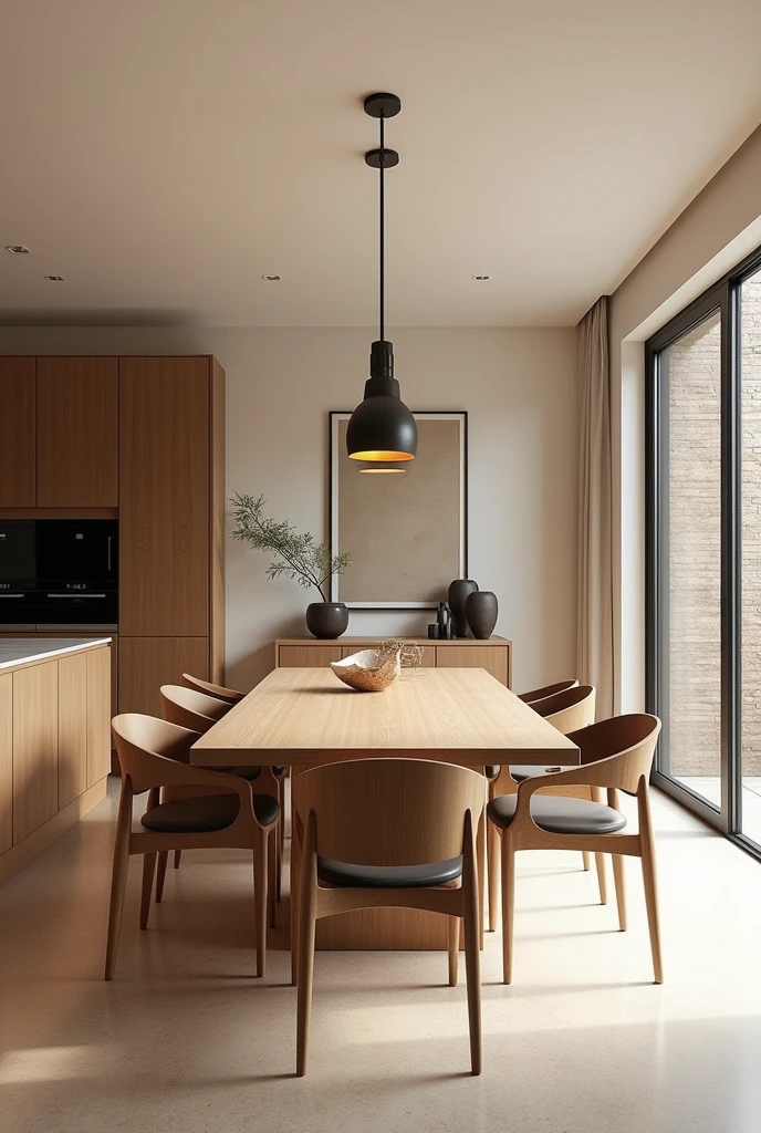 Design a contemporary dining area with a large wooden dining table, sleek chairs, and modern pendant lighting. Include a sideboard or cabinet along one wall, with minimalistic decor and artwork. Show the space from different angles, such as from the kitchen looking into the dining area, a view from above the dining table, and a side angle showcasing the lighting and furniture arrangement."