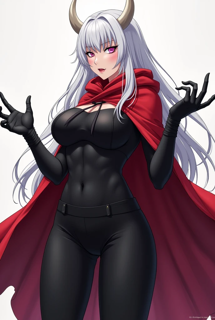 Art anime manga Jujutsu Kaisen, of a woman,Bullish, with a defined body and curves,white haired with two sharp white horns, with pink eyes, wearing a red cloak and underneath wearing a black outfit,with tight black pants,with black gloves, with a neutral expression, with a scar near his right eye