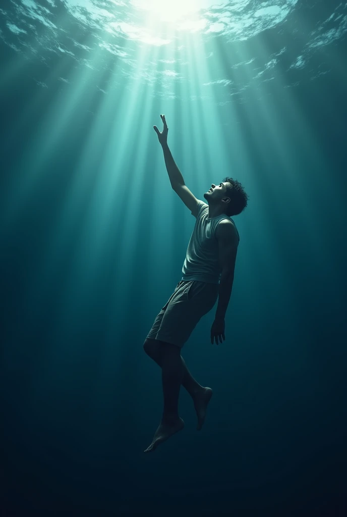 Man falling into the depths of the sea body looking up lying down (with one hand up)