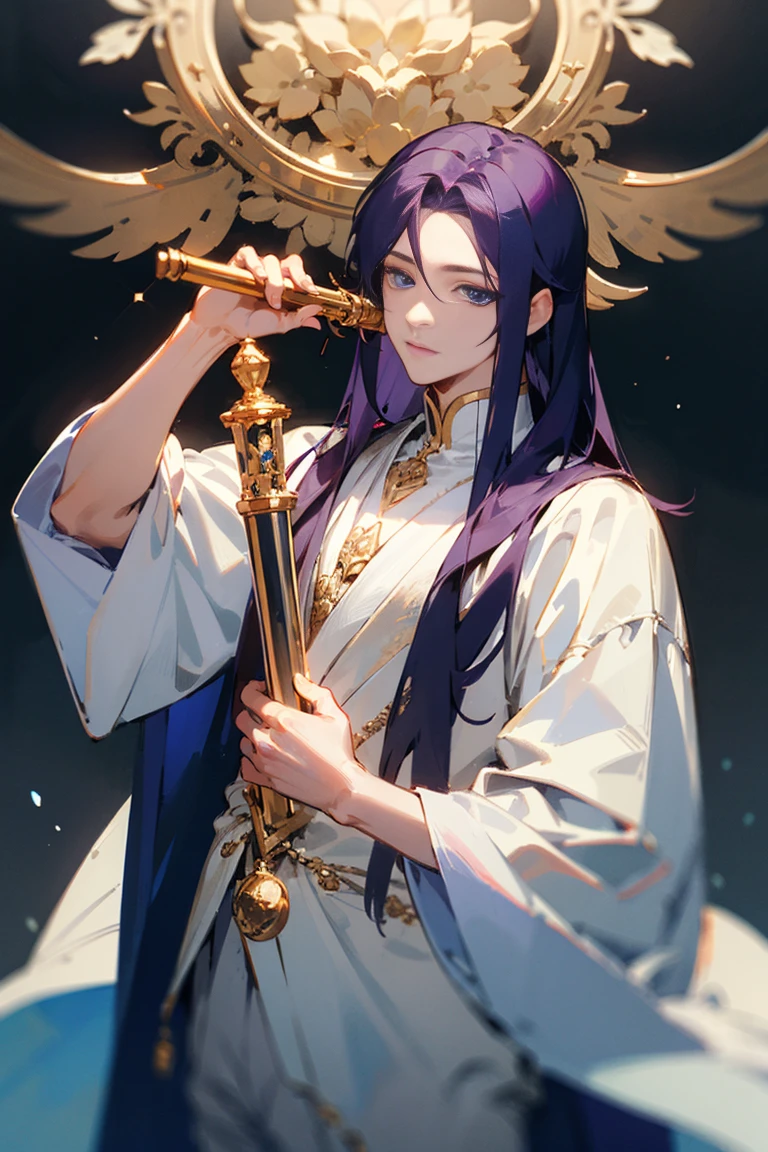 ((best quality)), ((masterpiece)), (detailed), Male, dark hair, long hair, purple inner hair, blue eyes, light clothes, white clothes, holding silver flute, holding flute