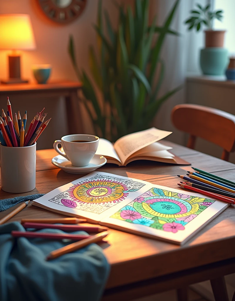 table full of colors and a couple of open coloring books in a relax ambient with a cofee cup