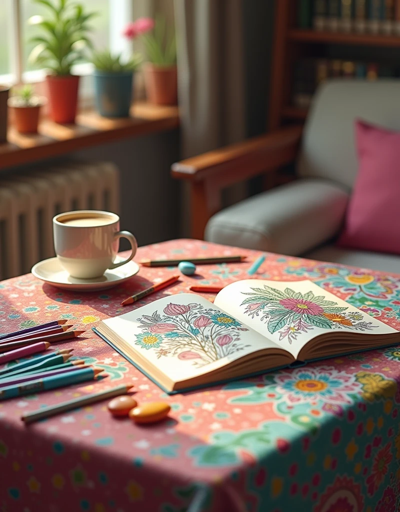 table full of colors and a couple of open coloring books in a relax ambient with a cofee cup