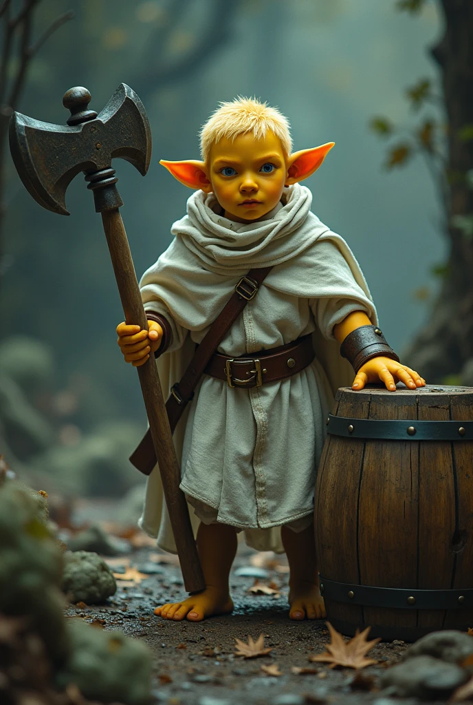 (Realystic:1.4), analog photo style, depths of field, (a blond-haired adult Pixie with yellow skin holding a mace. He is prepared for battle in a white cleric’s tunic. He has a wooden keg of beer next to him, dark fantasy atmosphere, deep shadows with the some sun rays, a delicate balance between reality and fantastic, faded colours, great quality, Masterpiece, most detailed blurred surreal background, naturally cinematic light, 16k quality, kodak porta 400, bokeh.