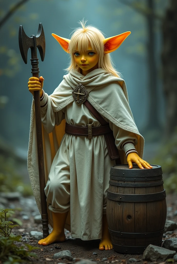 (Realystic:1.4), analog photo style, depths of field, (a blond-haired adult Pixie with yellow skin holding a mace. He is prepared for battle in a white cleric’s tunic. He has a wooden keg of beer next to him, dark fantasy atmosphere, deep shadows with the some sun rays, a delicate balance between reality and fantastic, faded colours, great quality, Masterpiece, most detailed blurred surreal background, naturally cinematic light, 16k quality, kodak porta 400, bokeh.