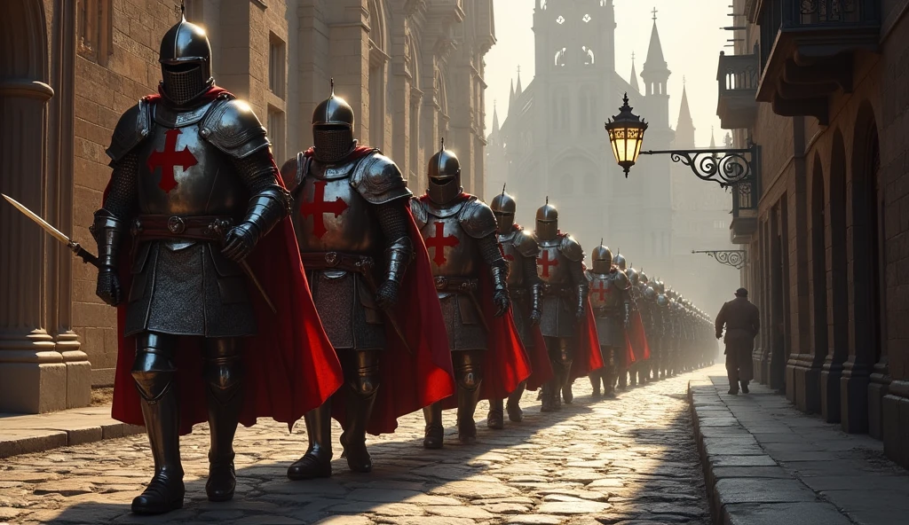 Templar warriors, adorned in historical armor, with the red cross on their chest, advancing down a medieval cobblestone street, stern expressions, church architecture dominating the background, soft light casting menacing shadows, oil painting, ultra-realistic and dramatic lighting.
