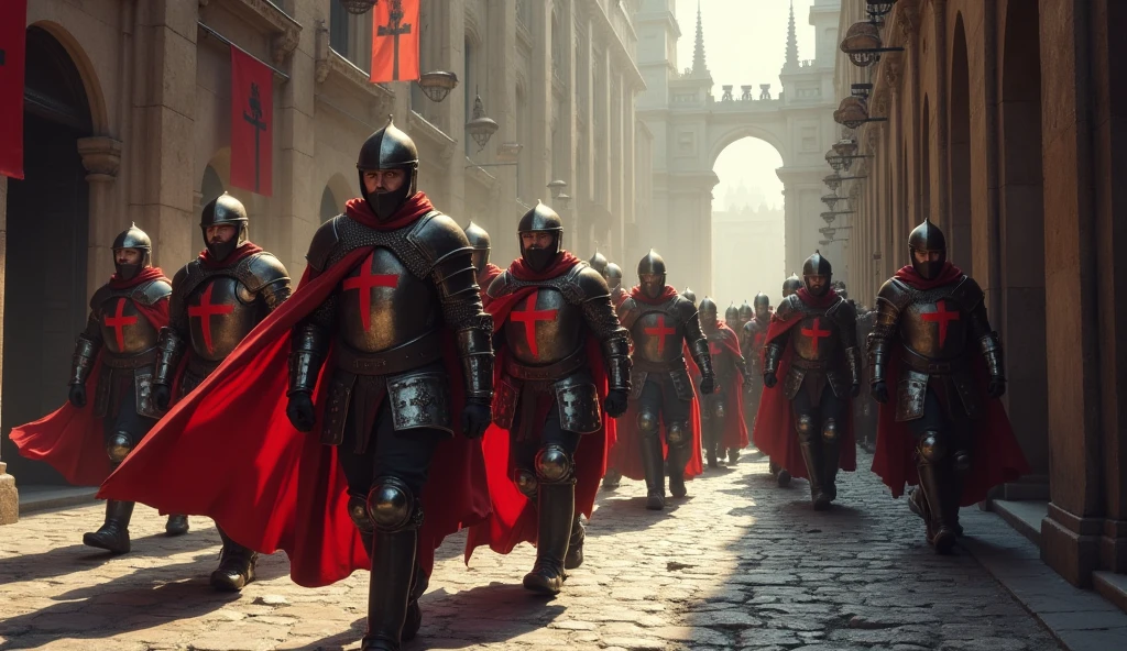 Templar warriors, adorned in historical armor, with the red cross on their chest, advancing down a medieval cobblestone street, stern expressions, church architecture dominating the background, soft light casting menacing shadows, oil painting, ultra-realistic and dramatic lighting.
