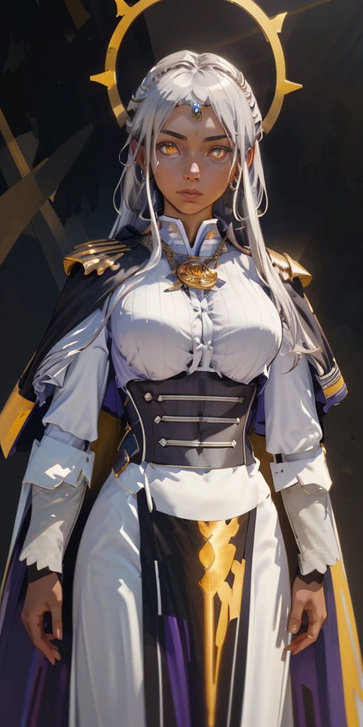 A powerful paladin lady with shimmering white silver hair and glowing yellow eyes stands tall in ornate golden armor. Her cape billows dramatically against a black background, and a halo of light surrounds her head. She gazes directly at the viewer, her fingers crossed confidently.