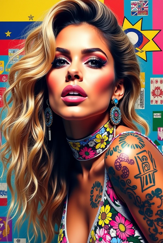 An image that is inspired by the art of Mr. Brainwash and that has the artist Shakira and that on the back has things representing Colombia