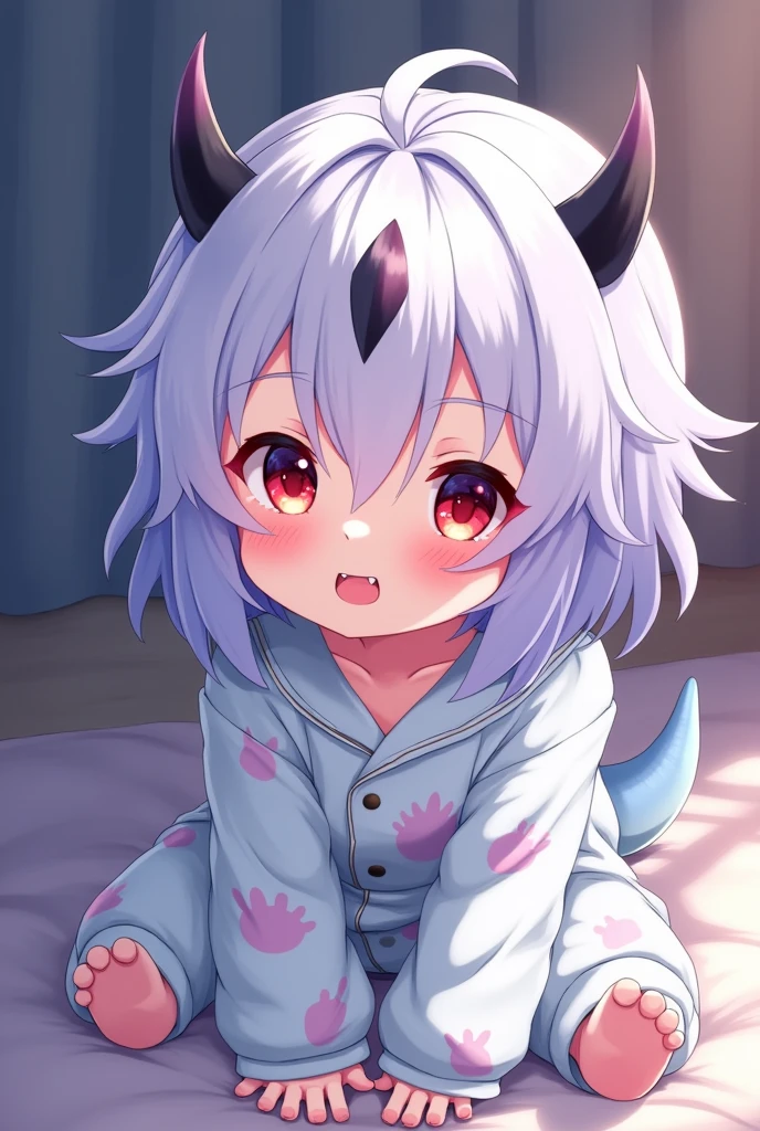 Baby anime, with dinosaur pajamas, white and light blue hair and light purple tips, red eyes, two small black horns ,small fangs
